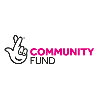 The words community fund with a hand with two fingers crossed