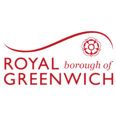 Logo for the Royal borough of Greenwich with a white and red flower