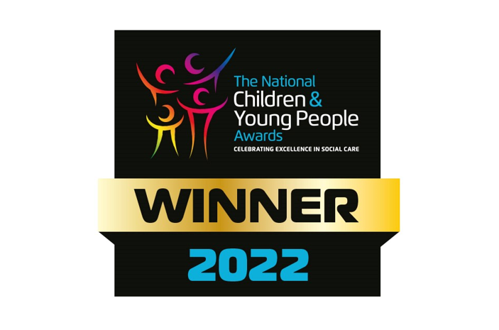 An award logo for The National Children & Young People Award for 2022 which features icons of 4 people with their arms in the air