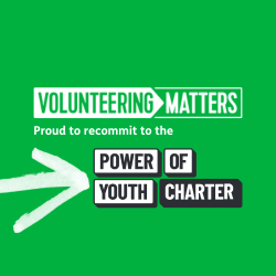 The Volunteering Matters logo with the words proud to recommit to the Power of Youth Charter
