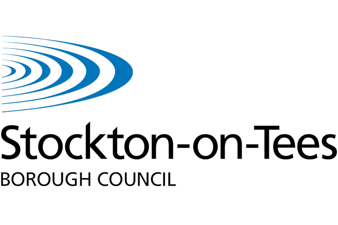 The Stockton on Tees logo with blue circles above the name