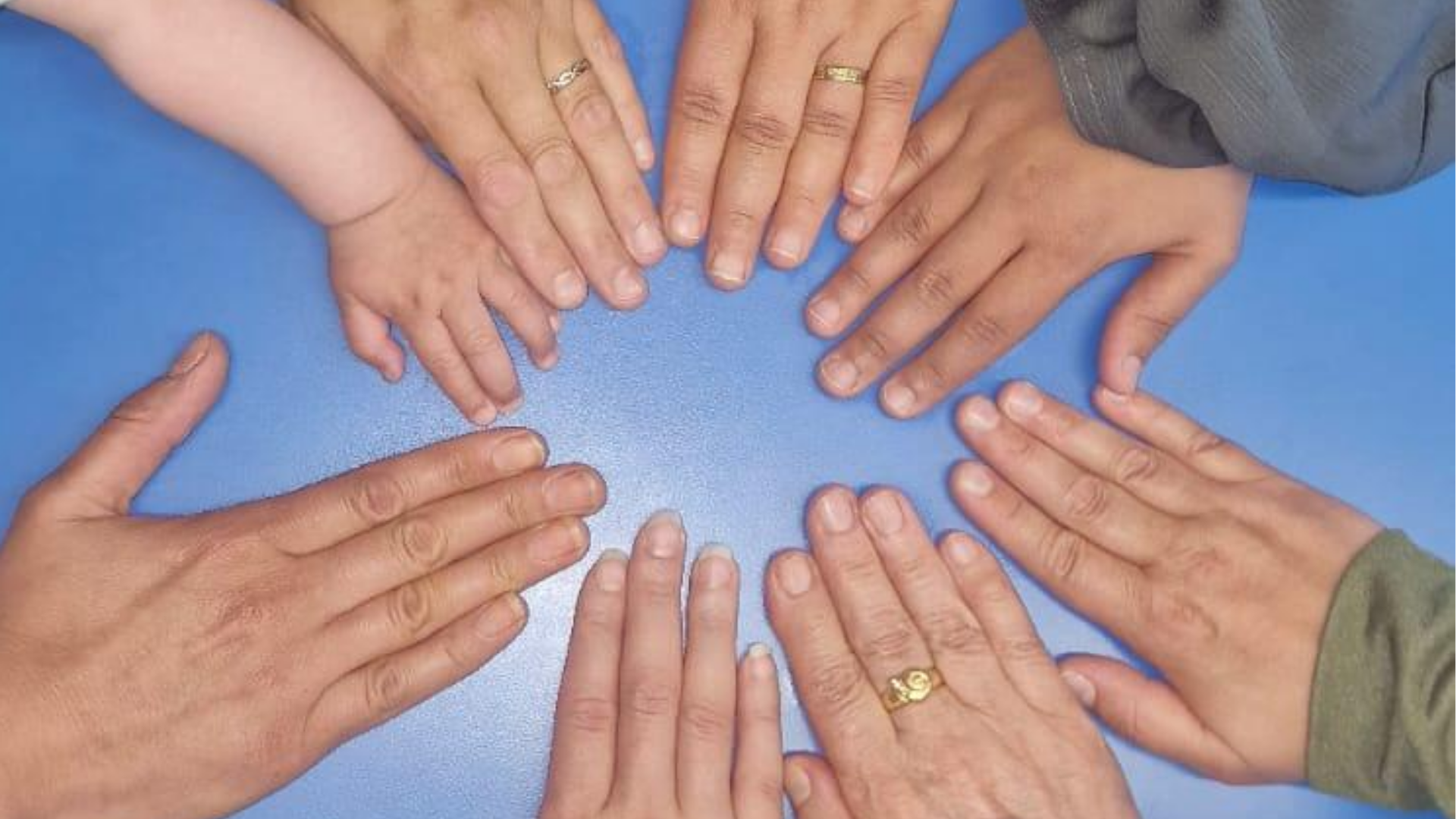 8 hands around a blue table