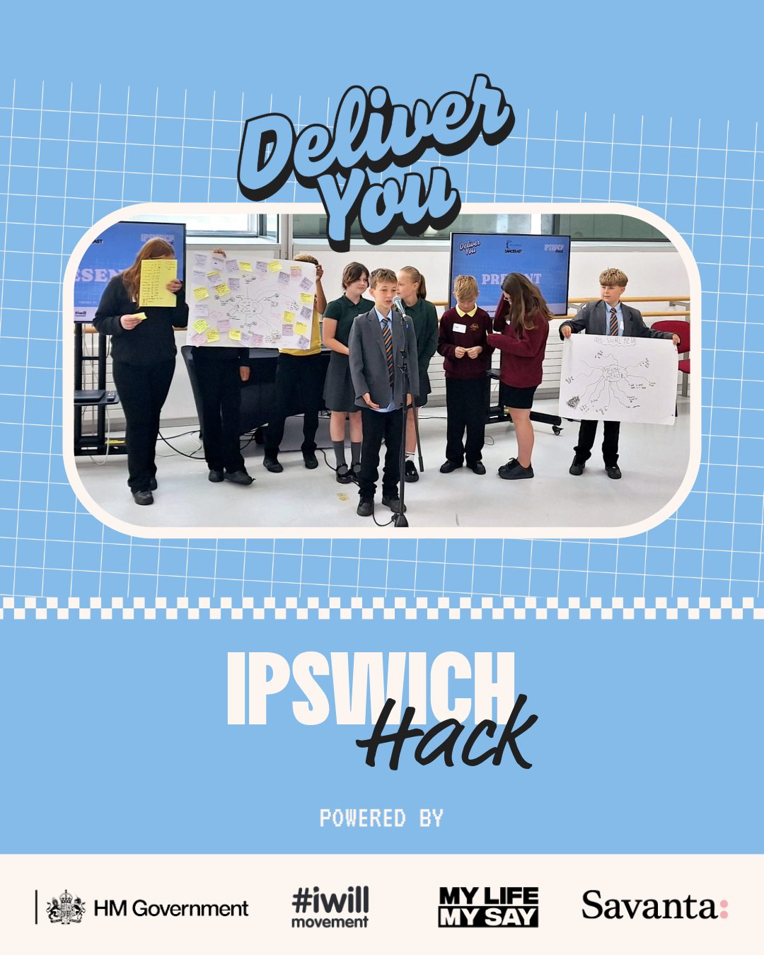 Deliver You Ipswich Hack flyer featuring the image of young people on a stage