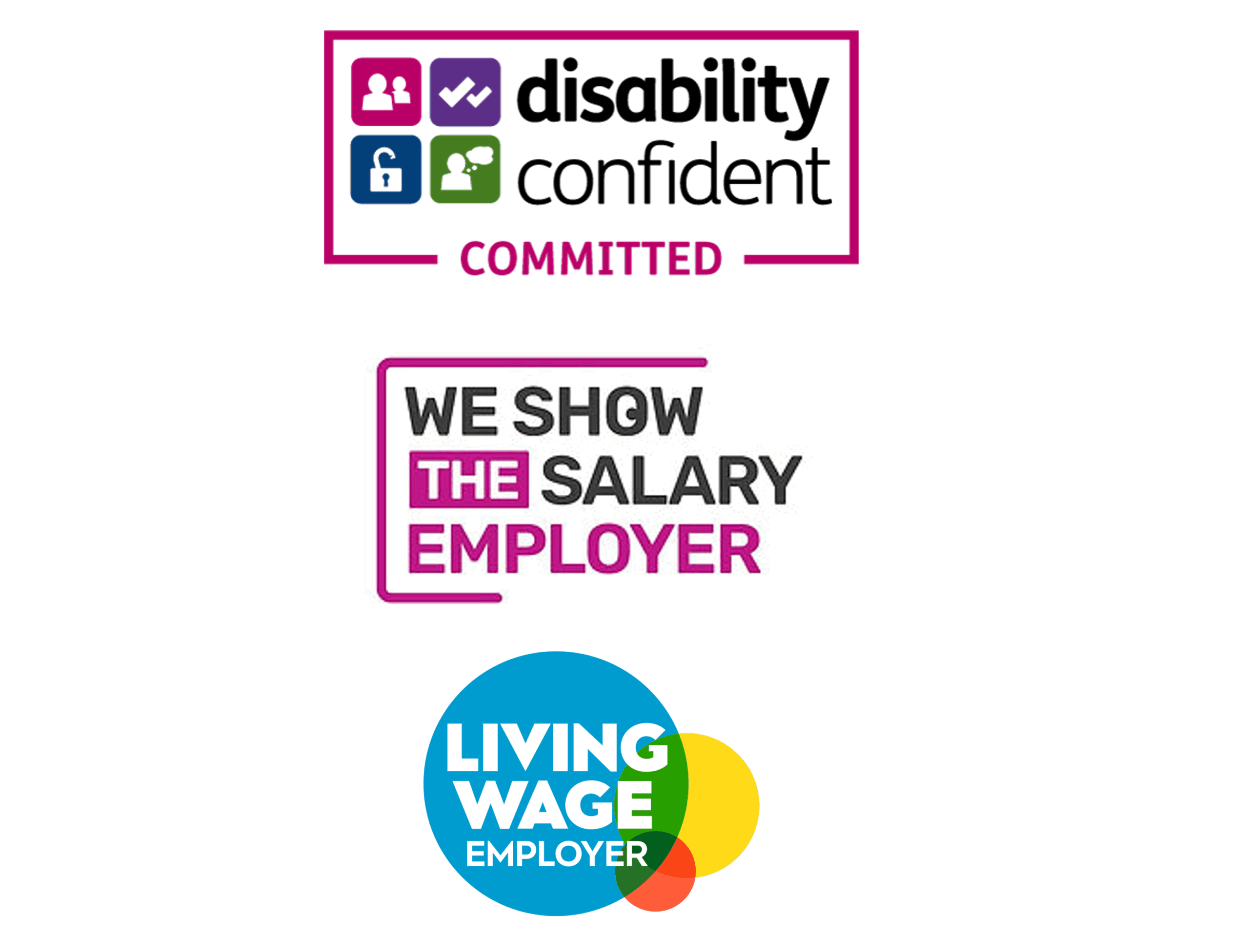 Logos for Disability Confident, We Show the Salary Employer and Living Wage Employers.